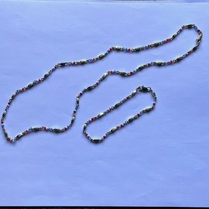 bracelet & necklace set of tiny blue, white, red, silver beads